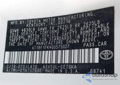 2016 Toyota Camry Xle z USA, uszkodzony, nr VIN 4T1BF1FK4GU575027